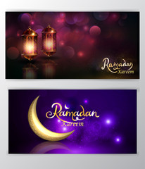Obraz na płótnie Canvas Ramadan Kareem greeting on blurred background set of cards