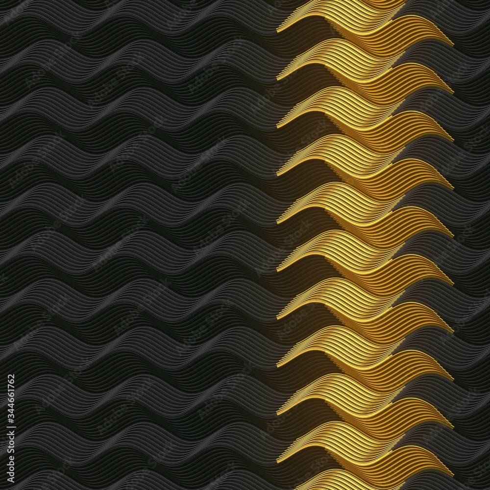Poster Gold wave bend pattern on dark plastic background 3d rendering