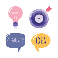 creativity technology, bulb target arrow speech bubble idea icons