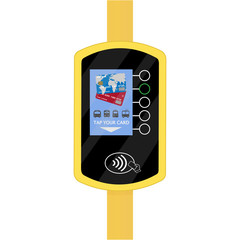 Terminal for passenger transport card. Fare payment. Wireless, contactless or cashless payments, rfid nfc. Validator fare payment. Vector illustration in flat style