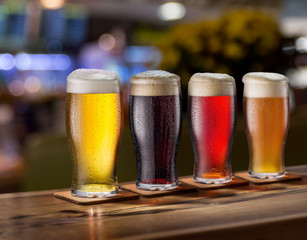 Variety of  beer. Cooled glasses of beer on pub counter.