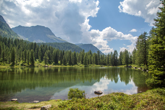 San Pellegrino lake in San Pellegrino pass: a high mountain pass in the Italian Dolomites