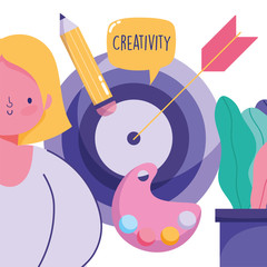 people creativity technology, young woman target arrow pencil and palette color