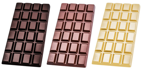 Three types of chocolate bars - black, milk and white isolated on a white background.