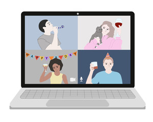 People are celebrating birthday party online on video conference. Meeting with friends and drink at quarantine time. Vector flat illustration. 