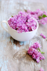 Obraz na płótnie Canvas Cup of tea with lilac flowers on wooden background. Spring time. Vase with lilac. Copy space for text. The concept of holidays and good morning wishes. 