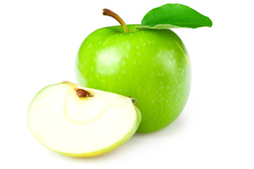 green apples with slices and green leaves isolated on white background