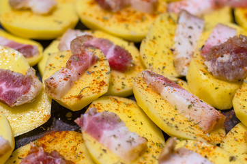 raw potatoes with bacon