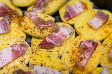 raw potatoes with bacon