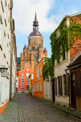 cityscape with church in the old town of Stralsund, Germany