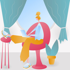 Girl sitting on the couch in living room interior with window and plant.Character in trendy style with laptop.Vector illustration of freelancer woman works, watches the news, sits on social networks