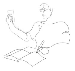One continuous line drawing of young female student preparing for exams at home with smartphone.
Young woman student preparing for learnning at home.