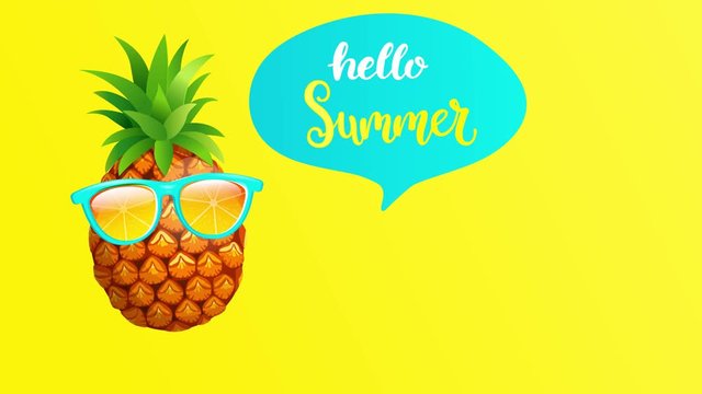 Animation of greeting summer from hipster pineapple in orange sunglasses on yellow background. Welcome banner for hot season. Hello party, fun and picnics footage. Bright 4K video with exotic fruit.