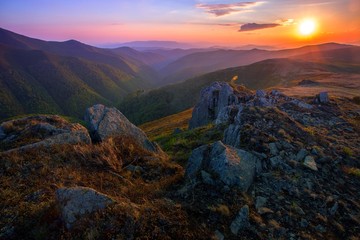 Fototapeta na wymiar stunning summer sunset image, majestic sundown scenery, awesome evening landscape, beautiful nature background in the mountains, Carpathians, Ukraine, Europe, Borzava range