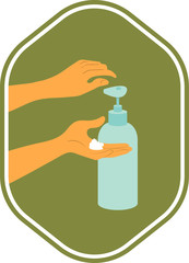 A hand squeeze liquid soap out of the dispenser. Washing hands with soap. 