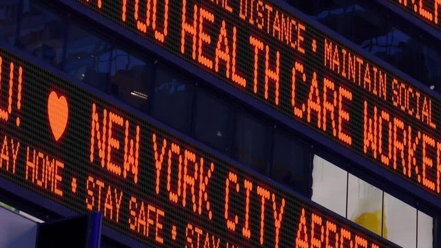 A Fictional Times Square Stock Market Ticker Thanks Front Line Health Care Workers During The COVID-19 Pandemic Of 2020. Custom Messages Available Upon Request.  	