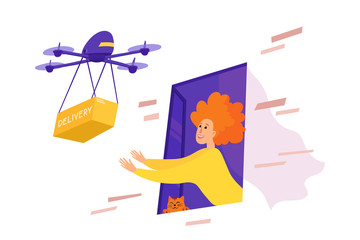 Contactless home delivery. Happy red-haired girl in a yellow sweater pulls her hands to a box with a drone. Quarantine direct home delivery concept. Vector stock illustration.