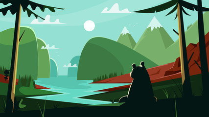 View from the depths of the forest on a natural landscape. Silhouette of a bear in the foreground. River bed surrounded by hills, mountain range. Beautiful sunny  day. Vector illustration flat design.