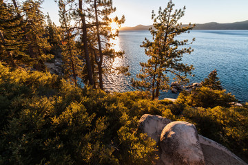 Sunset  on the Rocky Coastline of Lake Tahoe at Memorial Point, Lake Tahoe, Nevada, USA