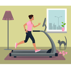 woman running on treadmill in headphones at home