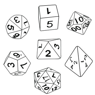 collection of dice for role-playing games isolated on white background hand drawn