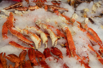 Crab red legs on ice, fresh sea food background