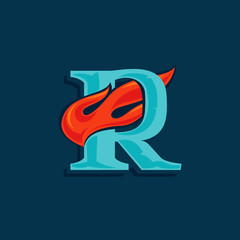 Letter R logo with fast speed fire. Vintage serif font with line shadow.