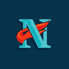 Letter N logo with fast speed fire. Vintage serif font with line shadow.