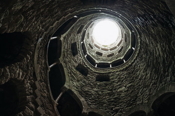 The Initiation well of Quinta da Regaleira. Sintra, Portugal. View upwards from the bottom