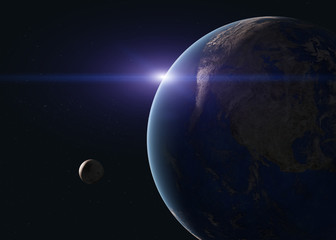 Planet earth and moon in the space wiyh lens flare. Science fiction 3D render. Elements of this image were furnished by NASA