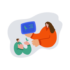 Illustration of a family teaching children. Freehand drawing illustrating the learning process of plant growing. Family drawing, mother and son spending time together, teaching son