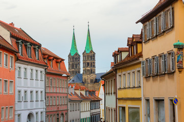 Fototapeta premium old buildings and the Bamberg Cathedral in the background, in Bamberg, Germany
