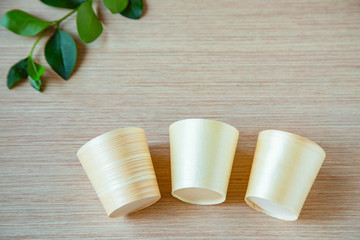 eco-friendly, disposable tableware, without plastic, on a light wooden background