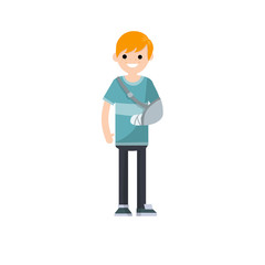 Man with broken arm in plaster in hospital. Patient and trauma. Medical care. treatment of the guy. Cartoon flat illustration. Health problem. Bandage and hand.