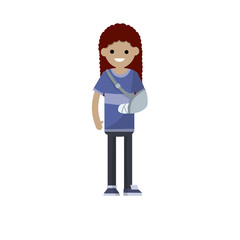 Woman with broken arm in the hospital. Providing medical care. Trauma patient girl. Hand in bandage. Cartoon flat illustration