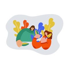 Illustration of a family planting a joint. Freehand drawing illustrating the learning process of plant growing. Family drawing, two sisters spending time together