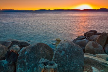 Sunset  on the Rocky Coastline of Lake Tahoe at Memorial Point, Lake Tahoe, Nevada, USA