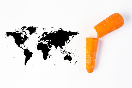 World map collage of lots of popular fruits and vegetables.