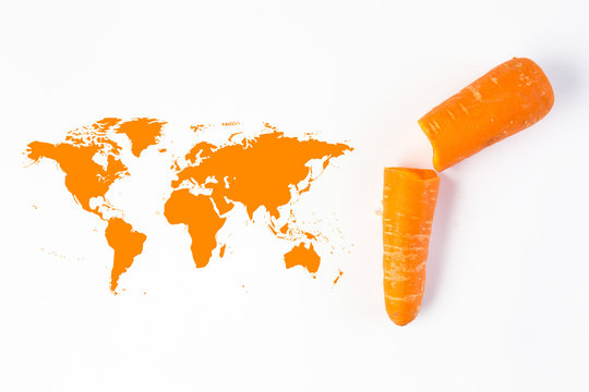 World map collage of lots of popular fruits and vegetables.