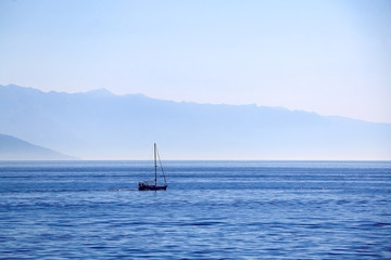 Sailing boat on the sea in southern Dalmatia region in Croatia. Beautiful landscape and bright summer day. 