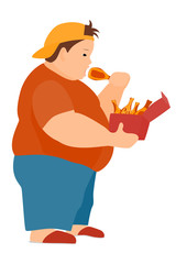 Childhood obesity from malnutrition. Fat boy eats fatty fried chicken legs. Fast food, overeating, greed. Isolated on a white. Vector in a flat style.