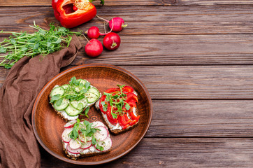 Variety of mini sandwiches with cream cheese and vegetables on in a clay plate on a wooden background.