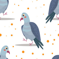 Seamless pattern with doodle cute cartoon doves isolated on white background. Colorful funny bird icon. Vector stock flat illustration.  Cute background for textile print, wrapping paper and ets.