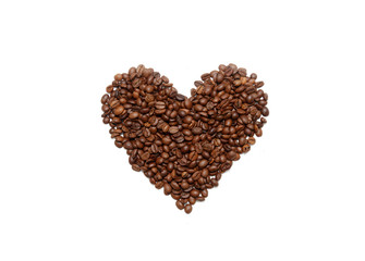 heart on a white background made of coffee beans.
