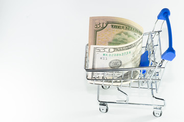 Money dollars and euros in a shopping trolley on a white background