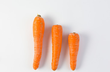 Group of three carrots isolated on white background
