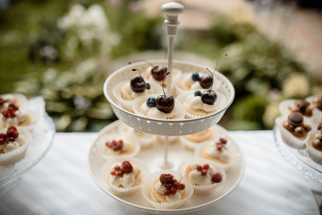 Many cupcakes decorated with cream and berries on a plate