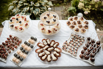 Many cupcakes decorated with cream and berries on a plate