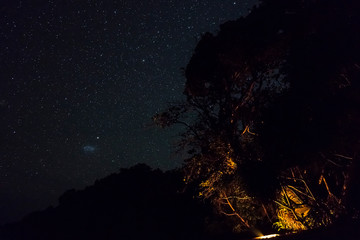 Small Magellanic Cloud or SMC is seen at night over wild campsite in by the sea and jungle in Banda islands