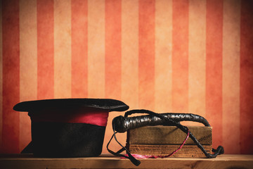 A top hat and whip, tools of a lion tamer. With a circus or carnival style stripe background. © Atomazul